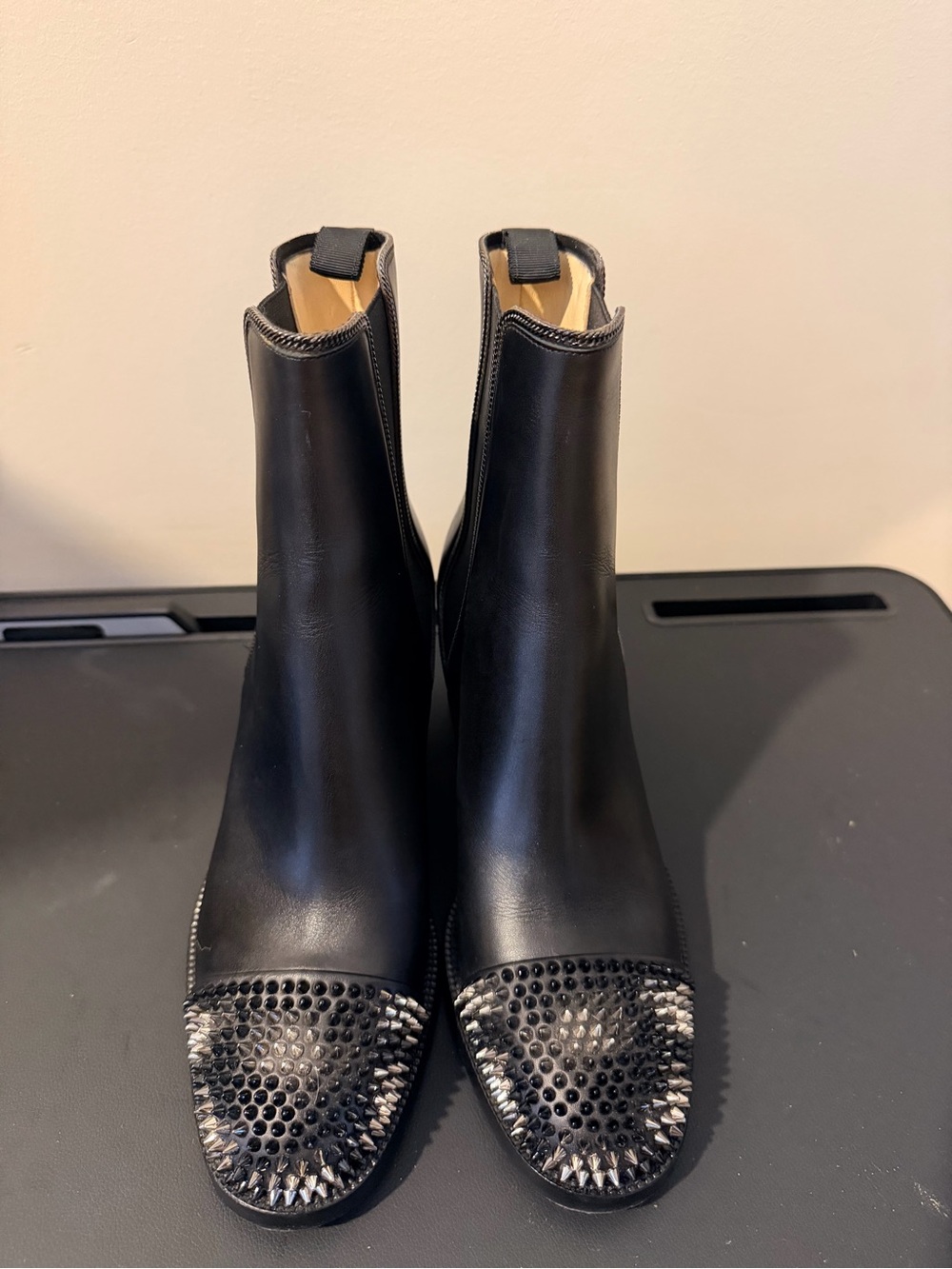 Christian Louboutin Black Leather Ankle Boots with Studded Toe Authentic